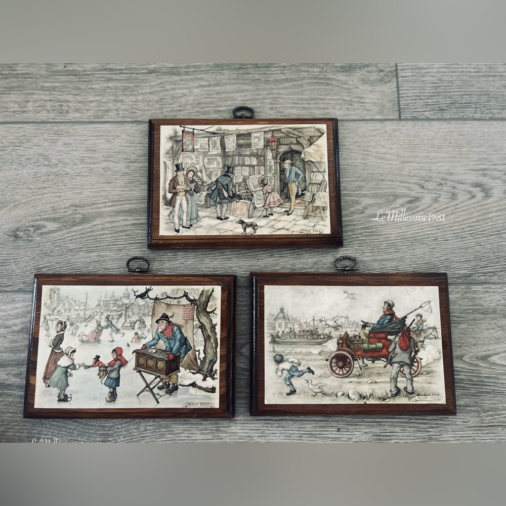 Vintage Set of 3 Mounted Wooden Artwork by Anton Pieck | Collectors | 1970